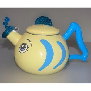 MM Kamenstein Corp. Whistling Tea Kettle‎ Yellow Fish Teapot Enamel Kitschy READ